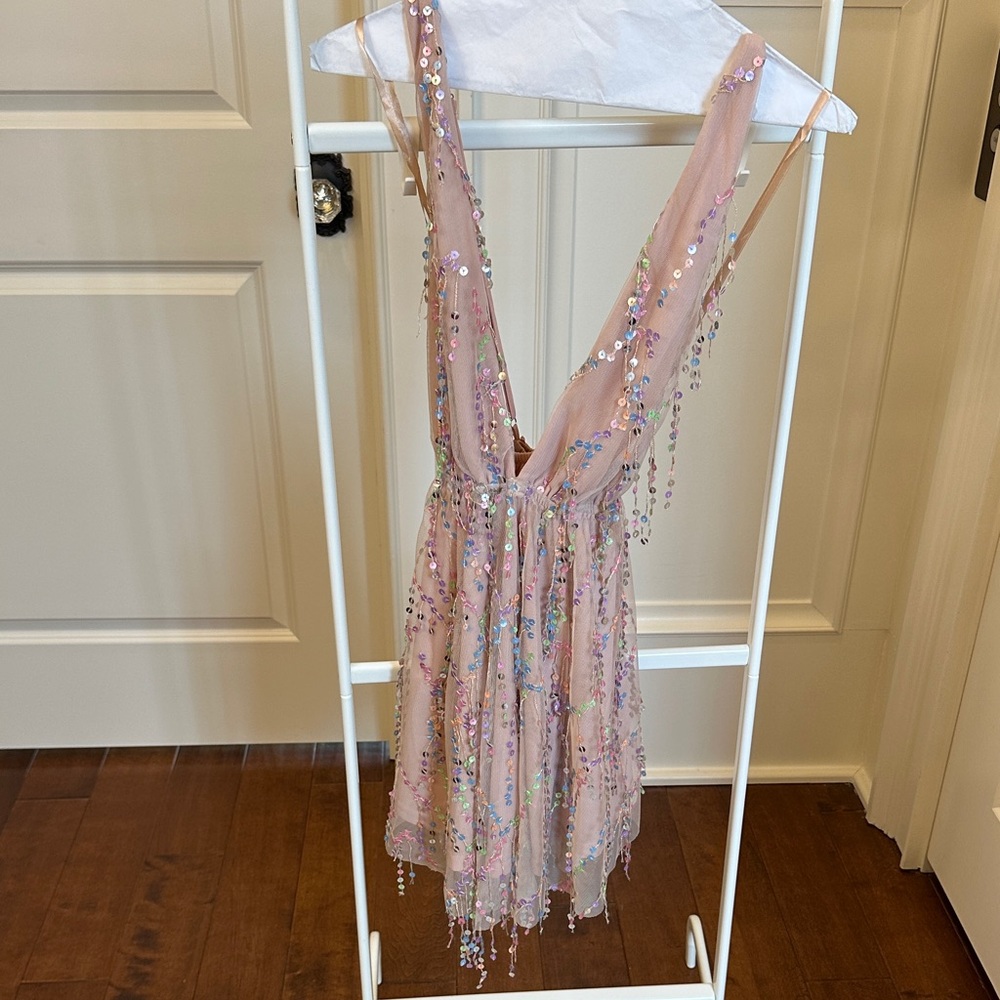 Sequin Embellished Pinkish Beige Mini Dress